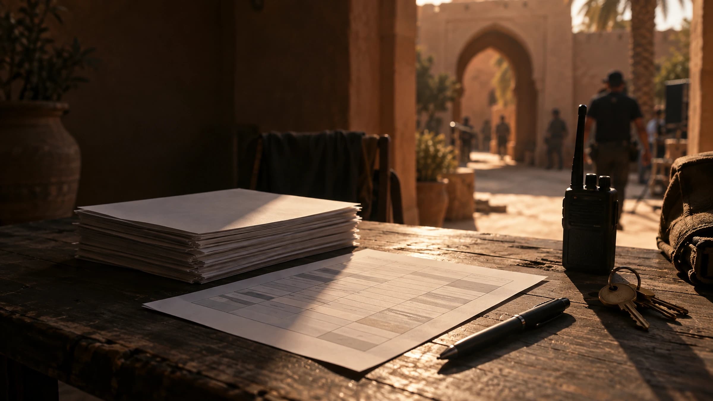 Production file and shooting schedule laid out on an office table, set in the background