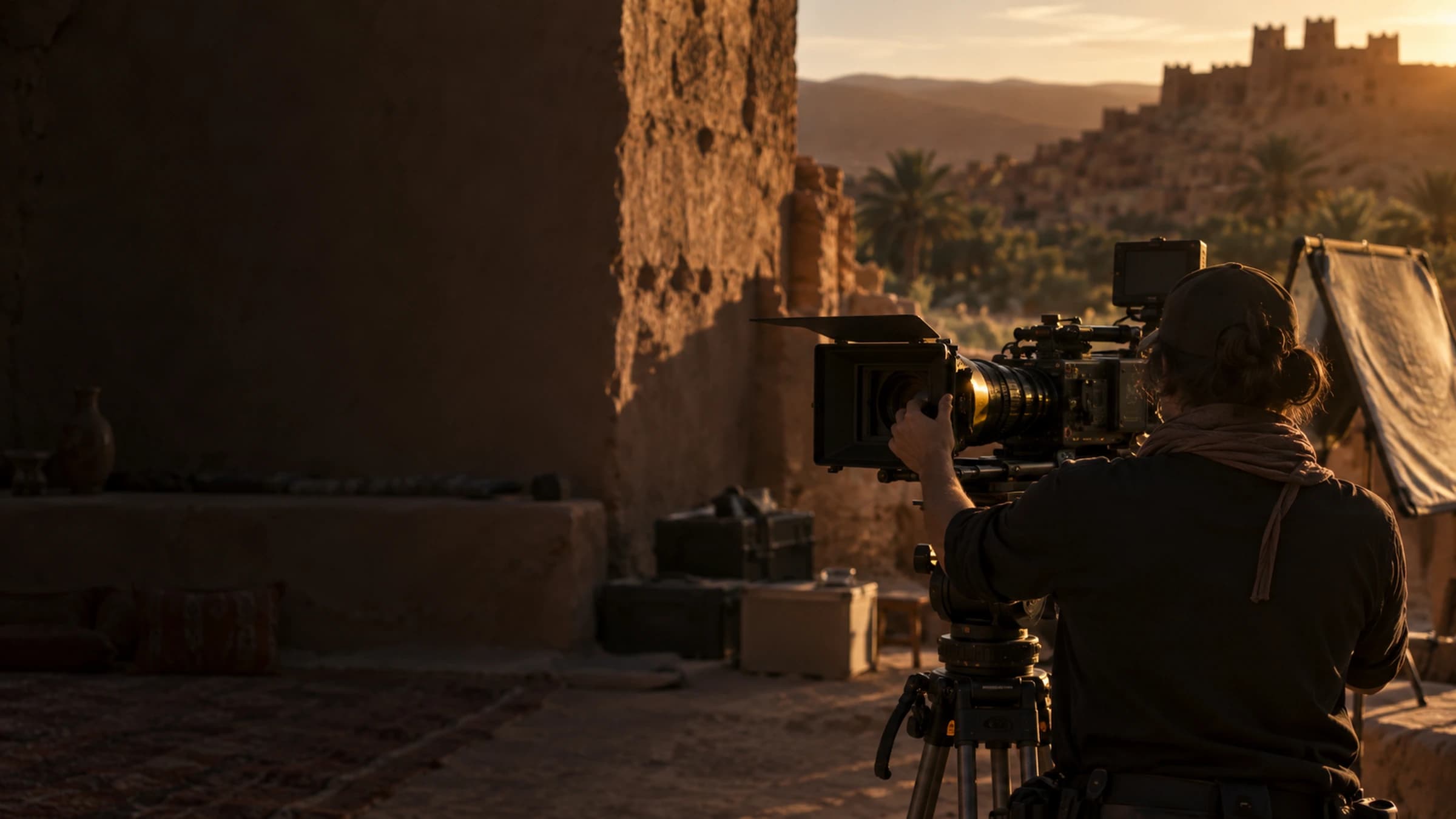 Film crew setting up a camera on a set in Morocco, late afternoon light