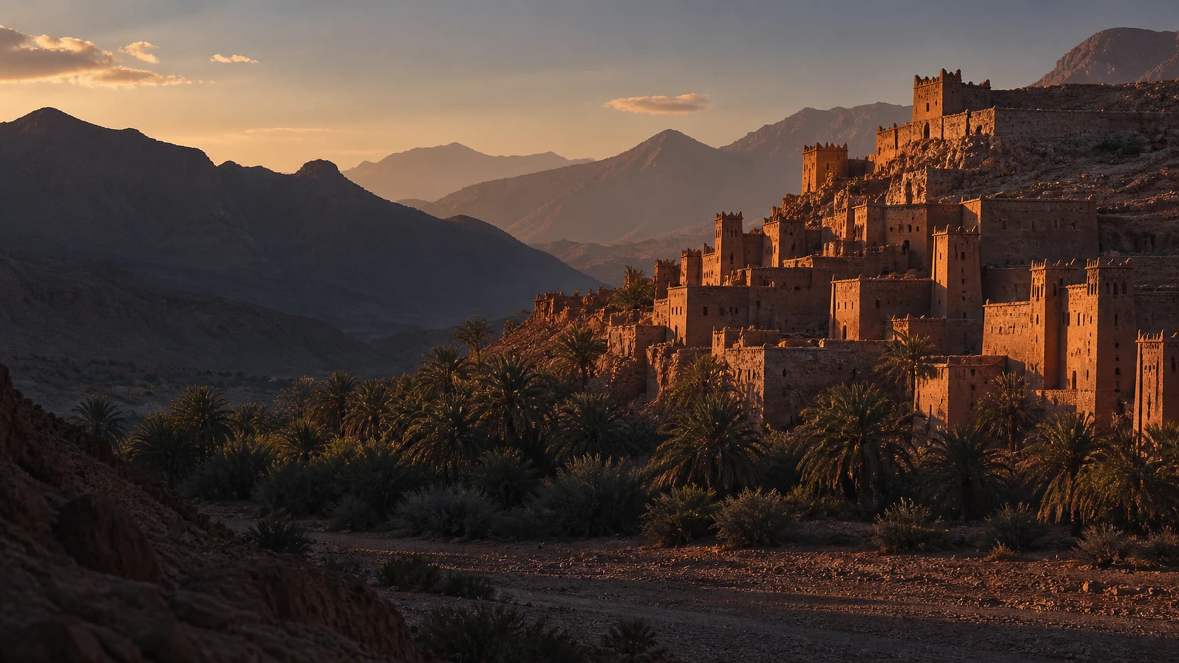 Rammed-earth ksar at the foot of the Moroccan Atlas Mountains, raking late-afternoon light