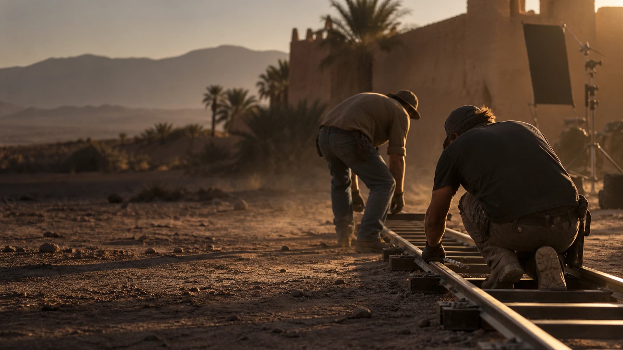 Moroccan director of photography and grip setting up a dolly track on an exterior set