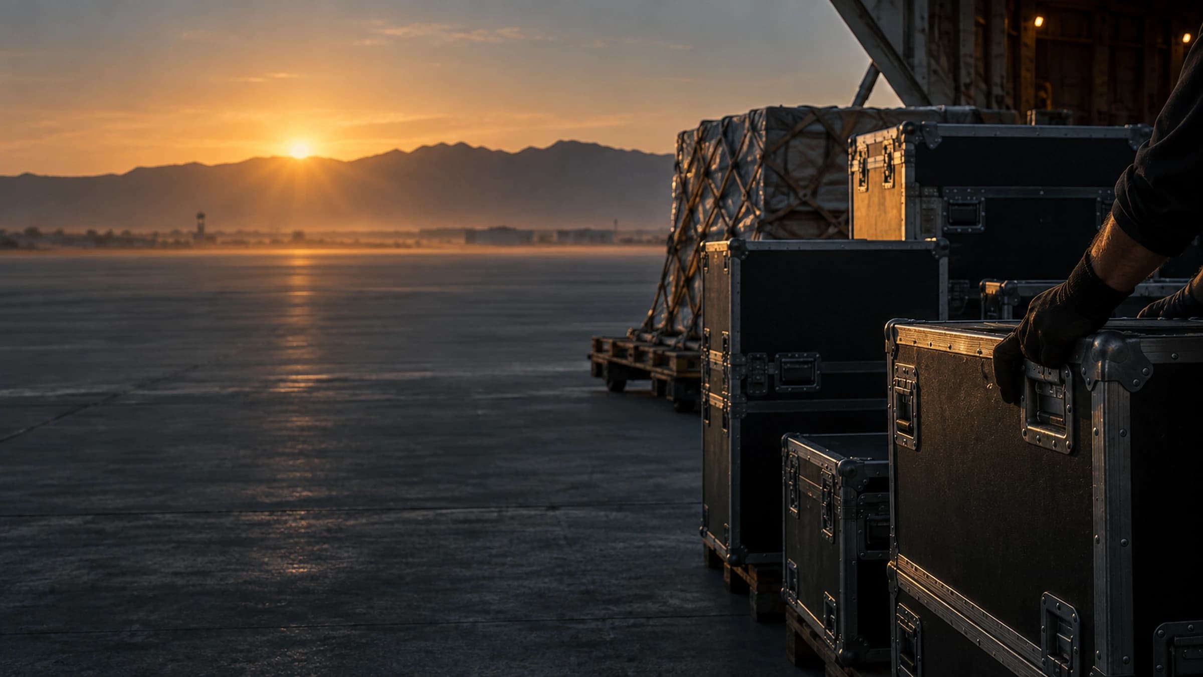 Flight cases of production equipment lined up on a tarmac, crew unloading