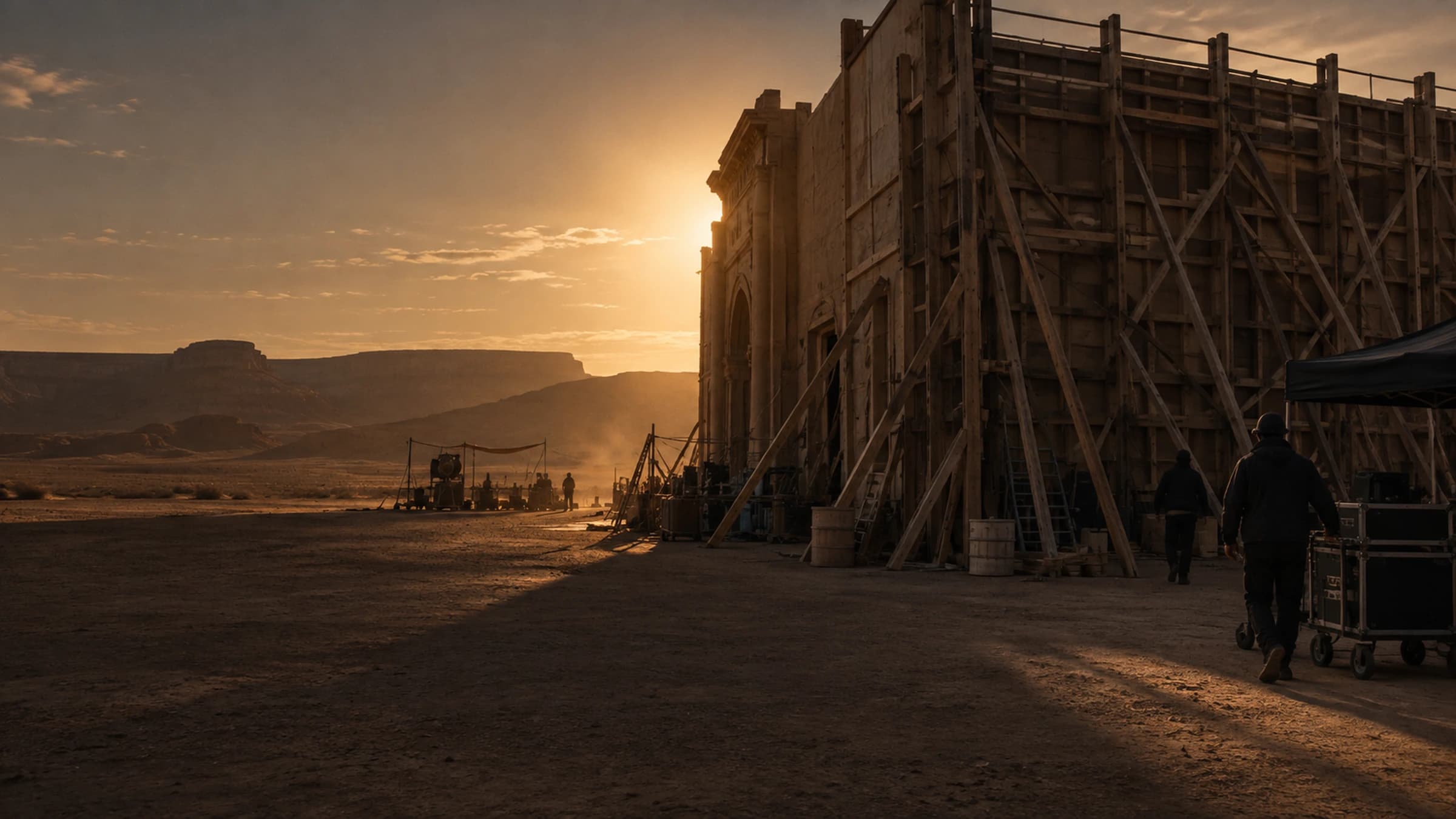 Studio set under construction in Ouarzazate, timber and canvas structures against a desert landscape