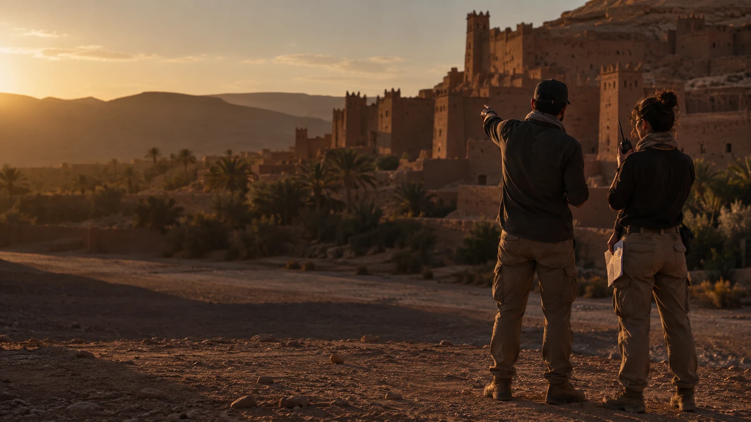 Executive producer and location manager scouting a shooting site in Morocco, plans and radio in hand