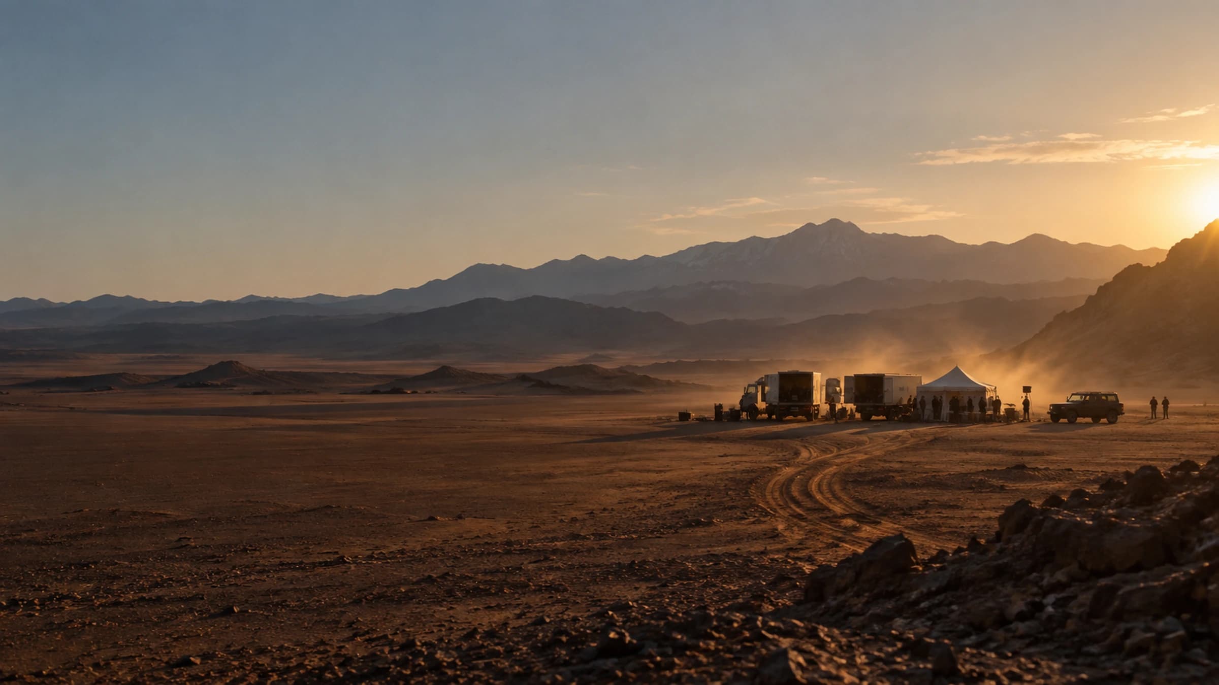 Film set built in a Moroccan desert landscape, technical trucks and crew at work