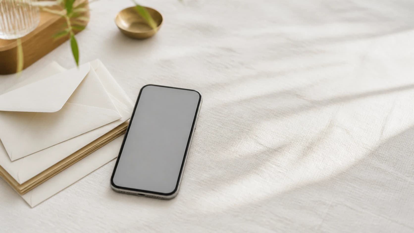 A phone lying beside a small stack of paper envelopes on white linen.