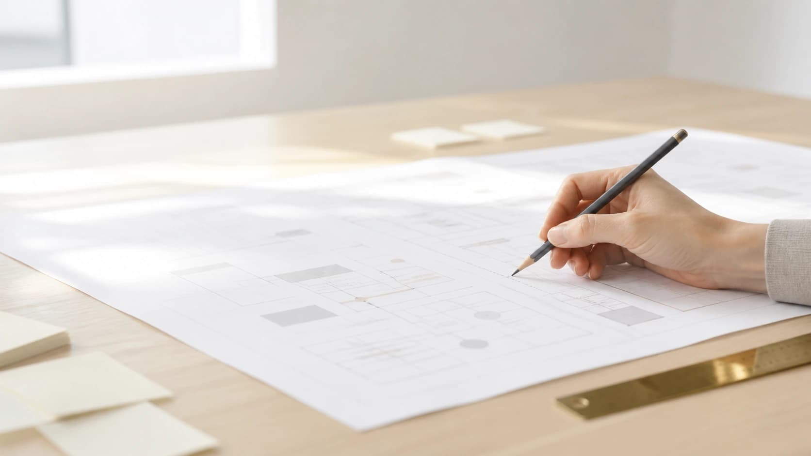 A hand annotating a large printed plan with a pencil on a pale wood table.