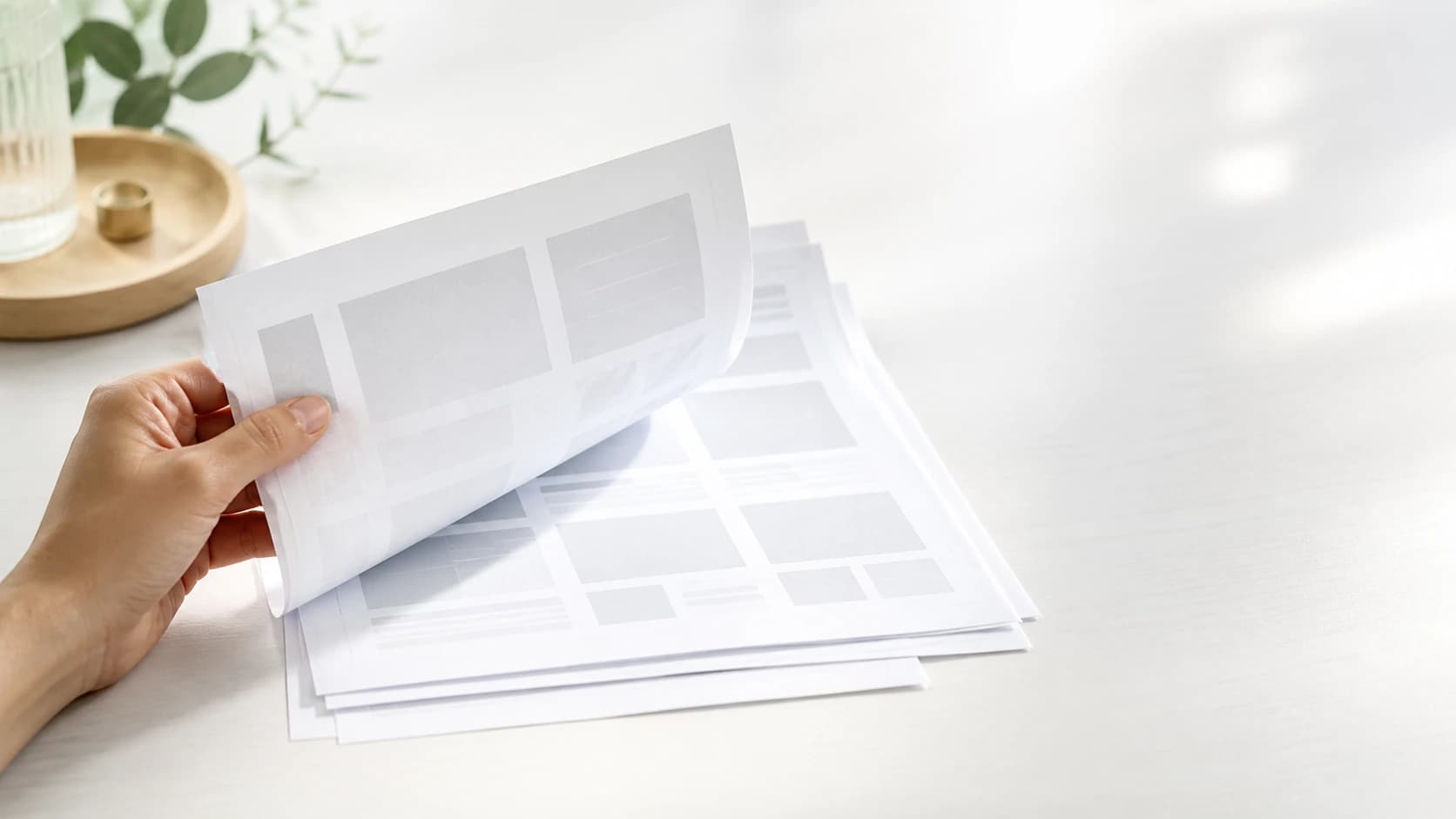 A hand lifting the top sheet of a stack of printed page layouts on a white desk.