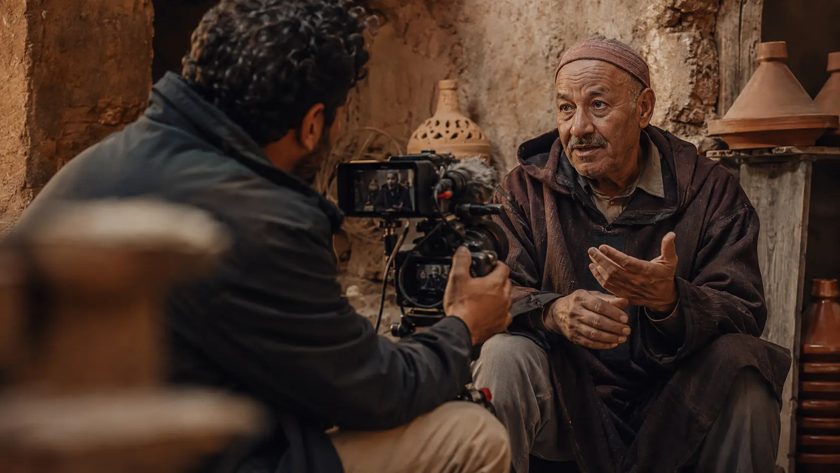 فريق وثائقي يصور في موقع ميداني.